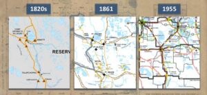 Una serie de mapas históricos de tres paneles que ilustra la evolución de la red de transporte del condado de Polk, desde los senderos indígenas hasta las carreteras modernas, entre la década de 1820 y 1955. El mapa de la década de 1820 muestra aldeas indígenas y senderos. El mapa de 1861 destaca los fuertes militares y las primeras rutas. El mapa de 1955 muestra una red de carreteras desarrollada con autopistas, cruces y ciudades, entre las que se incluyen Lakeland y Bartow.