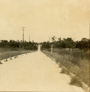 Fotografía de mayo de 1919 en la que se ve una carretera rural recta que conduce a Alturas, bordeada por hierba alta y postes eléctricos. A lo lejos se divisa un pequeño puente o paso elevado, y más allá se ve el lago Flora. Colección del Centro de Historia del Condado de Polk.