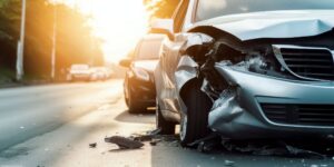 Two damaged vehicles after a traffic crash, illustrating the dangers of speeding and the importance of road safety.