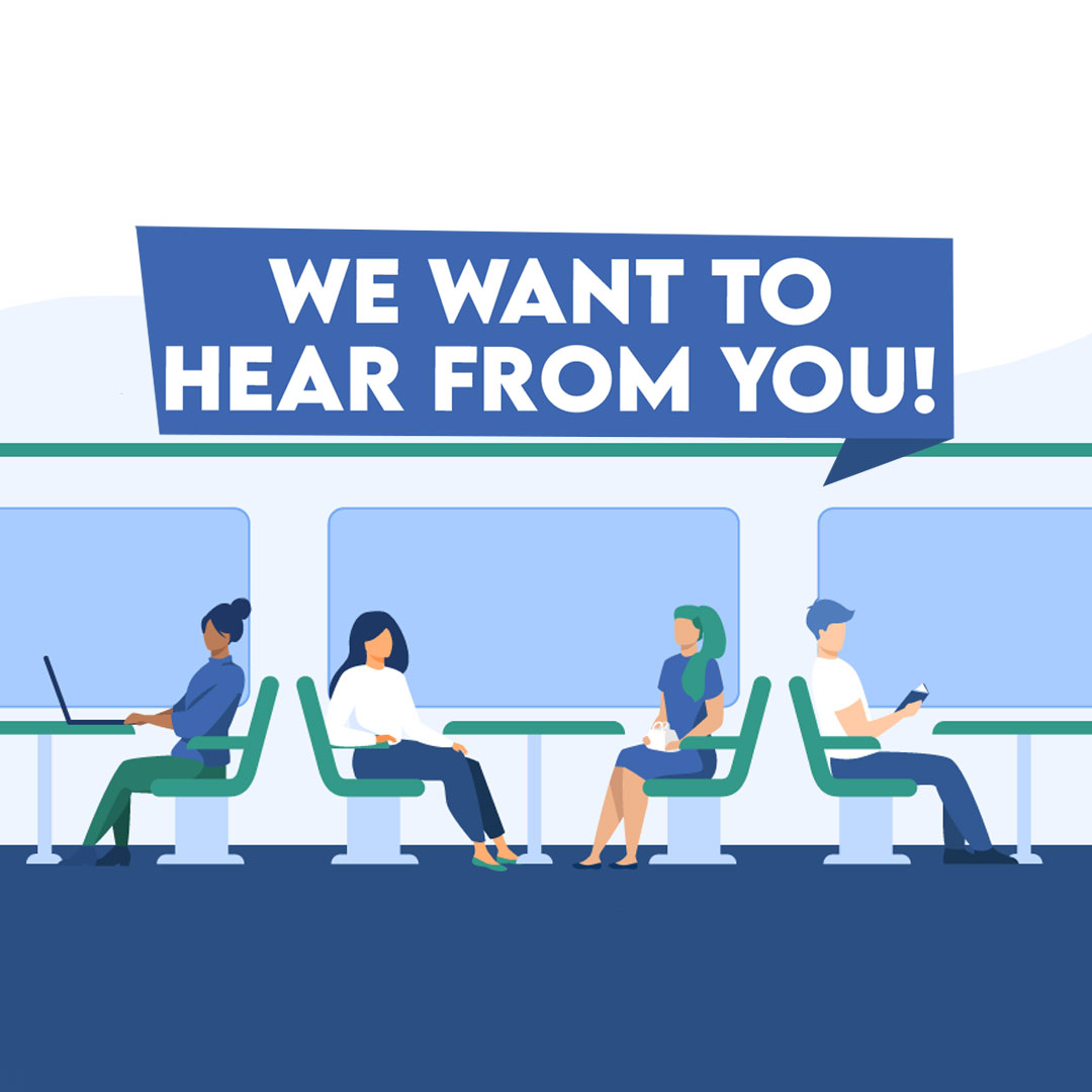 Illustration of people sitting inside a train with with “We Want to Hear From You” message promoting the Polk TPO I‑4 Passenger Rail Station Study and a survey offering a $50 gift card drawing.
